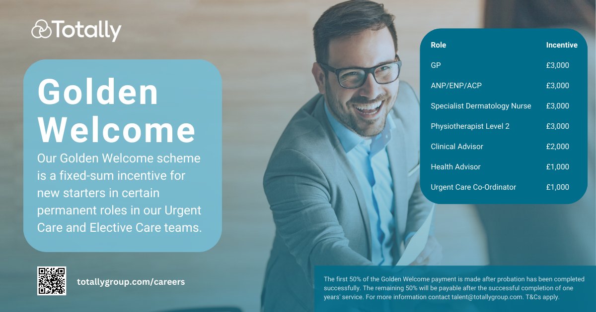 Did you know we offer a Golden Welcome of up to £3,000 to new starters for certain permanent roles in our Urgent Care and Elective Care teams?
The scheme is open to new applicants for roles such as GPs, Nurses, Clinical Advisors, Dermatology Doctors and Physio's.
#Healthcare