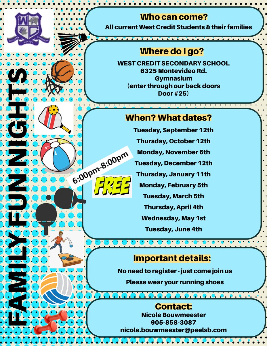 West Credit (@westcreditss) on Twitter photo Family Fun Nights are back! The first one is Tuesday, Sept 12. Read more here ⬇️⬇️ Family Fun Nights are back! The first one is Tuesday, Sept 12. Read more here ⬇️⬇️