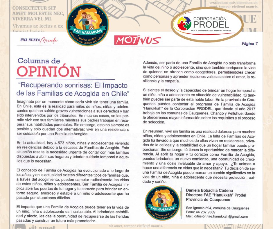 ProdelOficial's tweet photo. #HitosdeAgosto 
El periódico #MOTIVUS de #Cauquenes publicó la columna "Recuperando sonrisas: El impacto de las Familias de Acogida en Chile" que nos habla de la importancia de las familias de acogida y el impacto que pueden lograr en niños, niñas y adolescentes. https://t.co/R2QrfMqonz