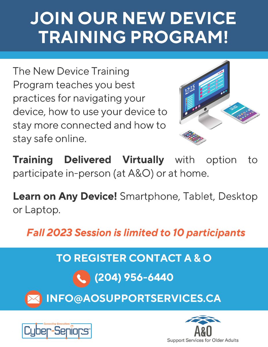 Need assistance with your devices? Join our Device Training Program for older adults. Stay more connected and stay safe online.  For more information, call 204-956-6440, email: info@aosupportservices.ca or visit aosupportservices.ca/resources/ao-c…