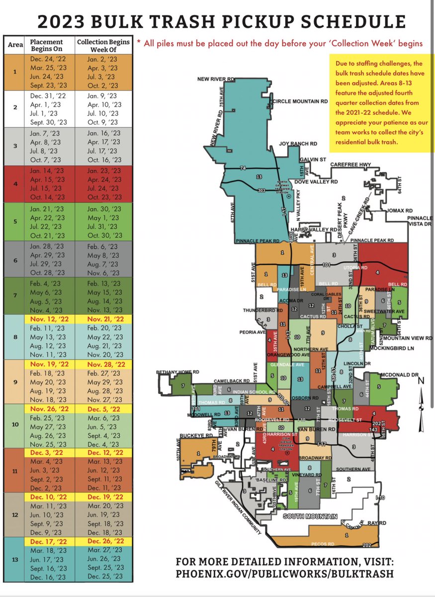NdiaBurton's tweet photo. @CityofPhoenixAZ can you clarify the bulk trash pickup schedule? It says #12 is the color dark grey but on the key on the side it’s more of a beige color? When is pickup for district 12 https://t.co/1740xlIe5i