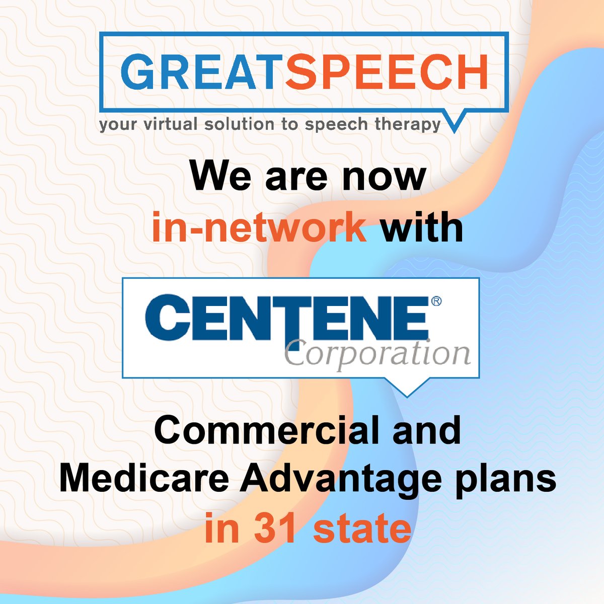 We are excited to announce that we are in-network for <a href="/Centene/">Centene</a>  Allwell (#Medicare) and Ambetter (#commercial) products for #virtual #speechtherapy today. #Alzheimers #autism #dementia #tbi #stuttering #articulation #aphasia #strokerehab #Cancer #parkinsons #voice