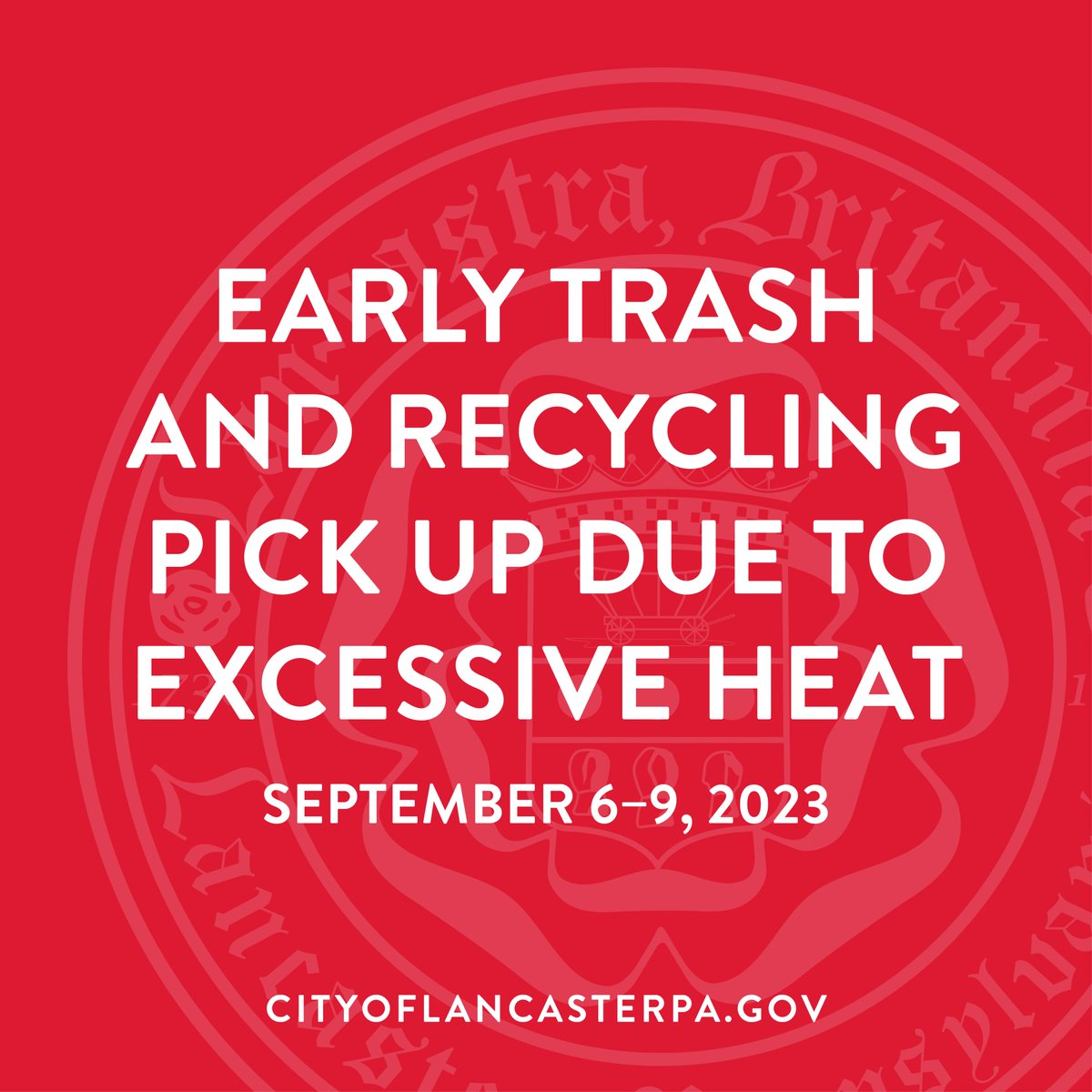 Due to forecasted excessive heat, Penn Waste will begin trash & recycling pick up at 4:00AM Sept 6–9. Please be sure to have your bagged trash/recycling at the curb prior to this time. Reminder: trash/recycling pick ups are delayed one day this week due to the Labor Day holiday.