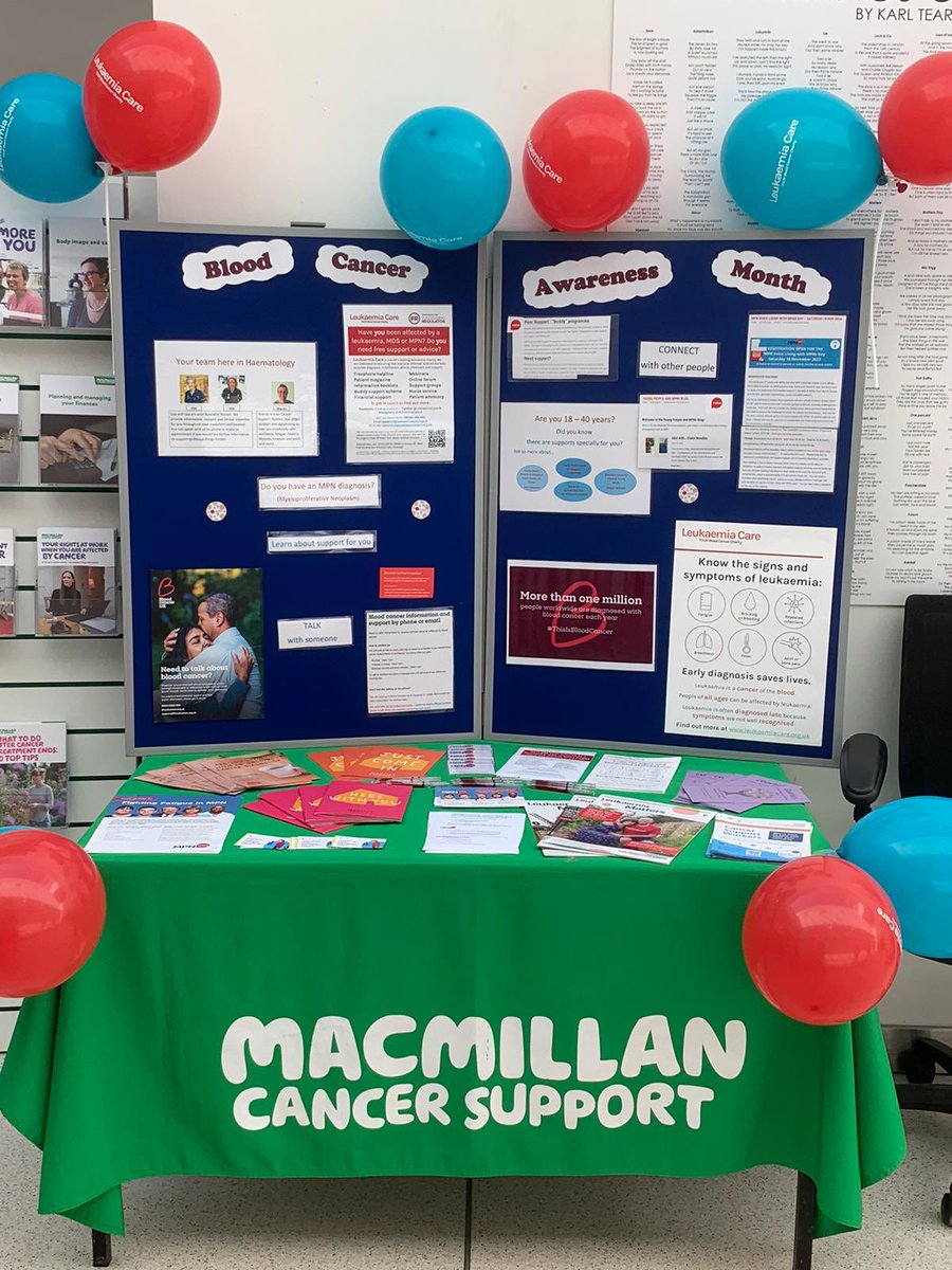 We kickstarted our Blood Cancer Awareness Month yesterday, with a stand at <a href="/gloshospitals/">Gloucestershire Hospitals NHS Foundation Trust</a> featuring information about leukaemia and MPN - supported by our fantastic Macmillan Cancer Support Worker, Sharon! #BCAM2023 <a href="/GlosCancerServ1/">@GlosCancerServices 💙</a>