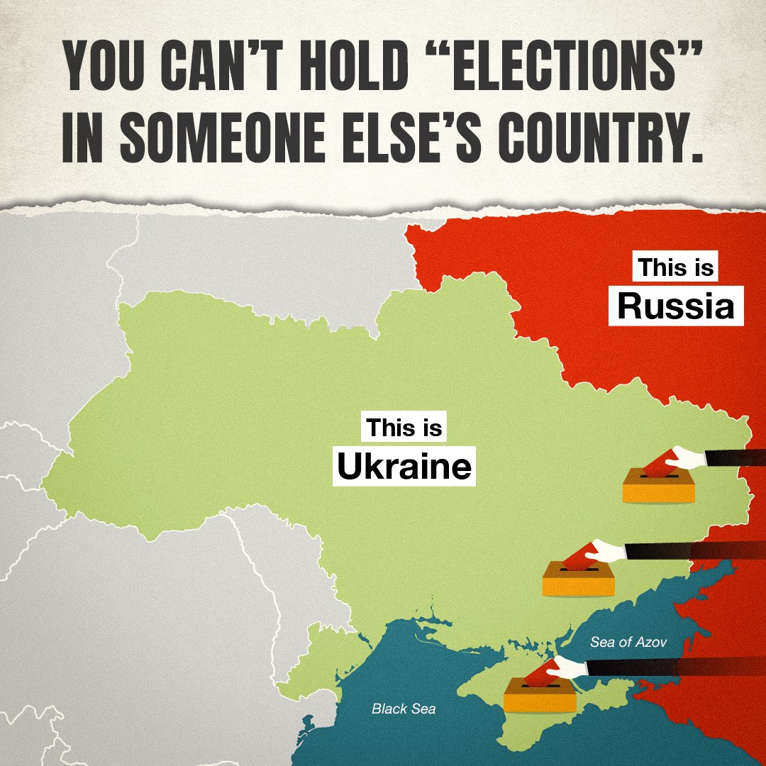 Russian sham “elections” in the Ukrainian territories of Crimea, Zaporizhzhia, Donetsk, Luhansk, and Kherson are a blatant attempt to falsely legitimise Russia’s illegal control of Ukraine’s sovereign territory #TakenFromUkraine.