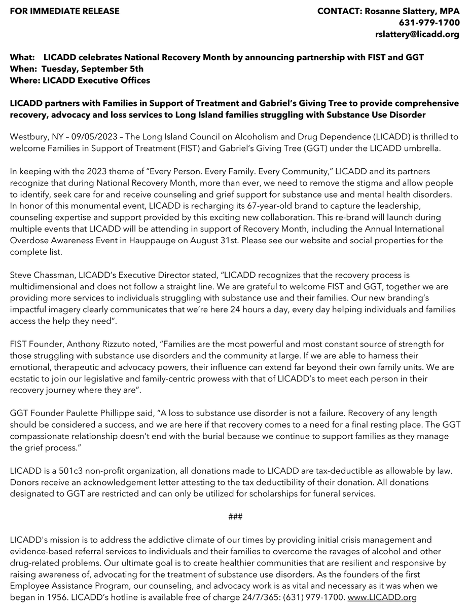 LICADD celebrates National Recovery Month by announcing partnership 🎉

LICADD partners with Families in Support of Treatment and Gabriel's Giving Tree to provide comprehensive recovery, advocacy and loss services to Long Island Families struggling with substance use disorder