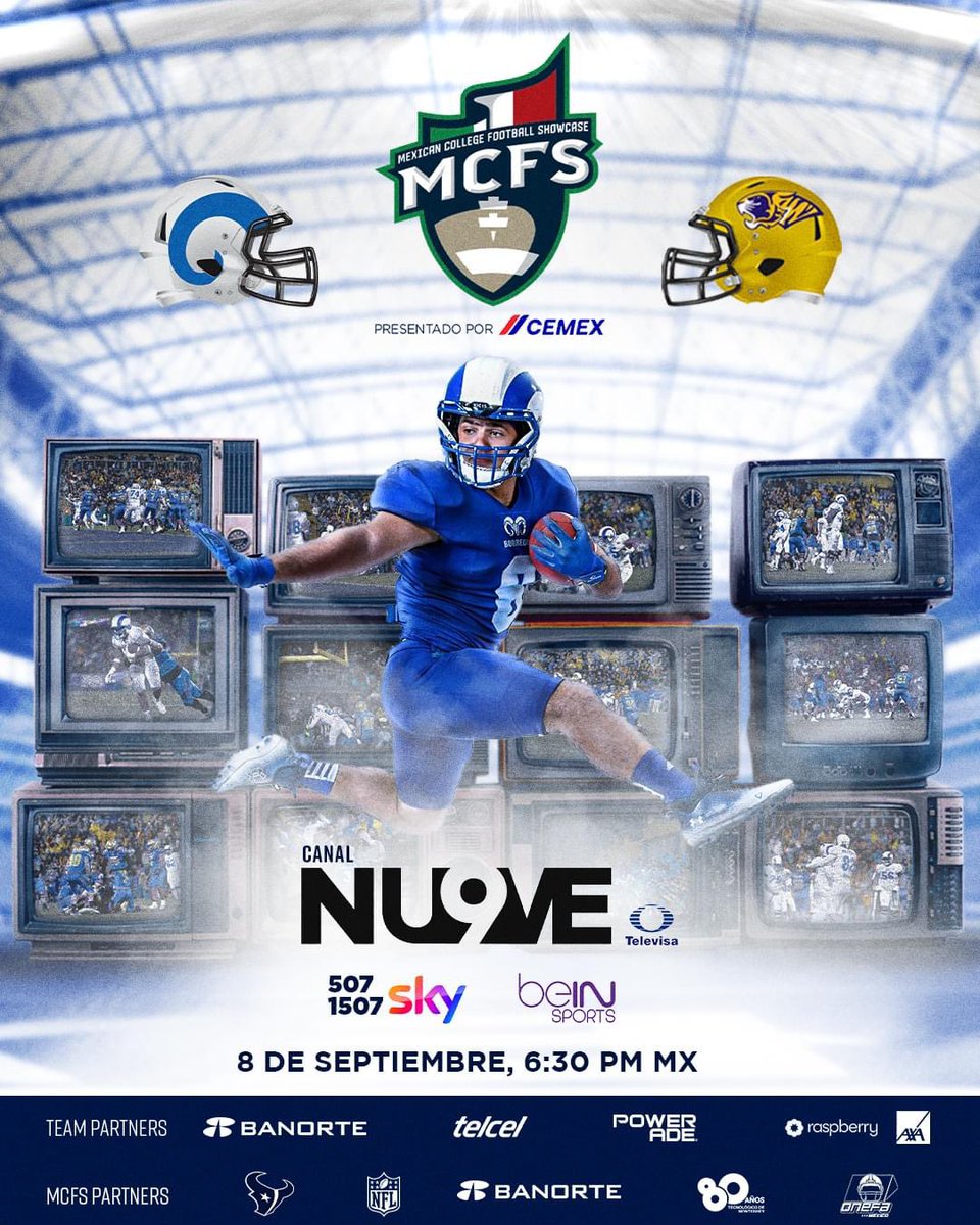 🏟️🏈 Borregos MTY 🆚 Auténticos Tigres: ¡La rivalidad cobra vida en el NRG Stadium! 

🐏🐅 Acompáñanos a las 6:30PM (MX) / 7:30PM (Houston) en: 

🇲🇽:
📺 Canal 9 nacional,
📺Sky 501/1501 

🔝 #EnVivo #BorregosVsTigres #MCFS22023 #ClásicoEstudiantil