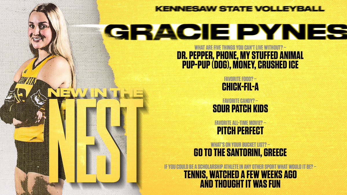 Kennesaw State VB (@ksuowlsvb) on Twitter photo Owl fans, this week we are meeting our 3⃣ new freshman starting with <a href="/GraciePynes/">Gracie Pynes</a>!
Lover of Pitch Perfect 🎤 and Chick-fil-A 🐔
Can't wait to see her on the home court this year ‼️
#uncommon | #HootyHoo 🦉🏐 Owl fans, this week we are meeting our 3⃣ new freshman starting with <a href="/GraciePynes/">Gracie Pynes</a>!
Lover of Pitch Perfect 🎤 and Chick-fil-A 🐔
Can't wait to see her on the home court this year ‼️
#uncommon | #HootyHoo 🦉🏐