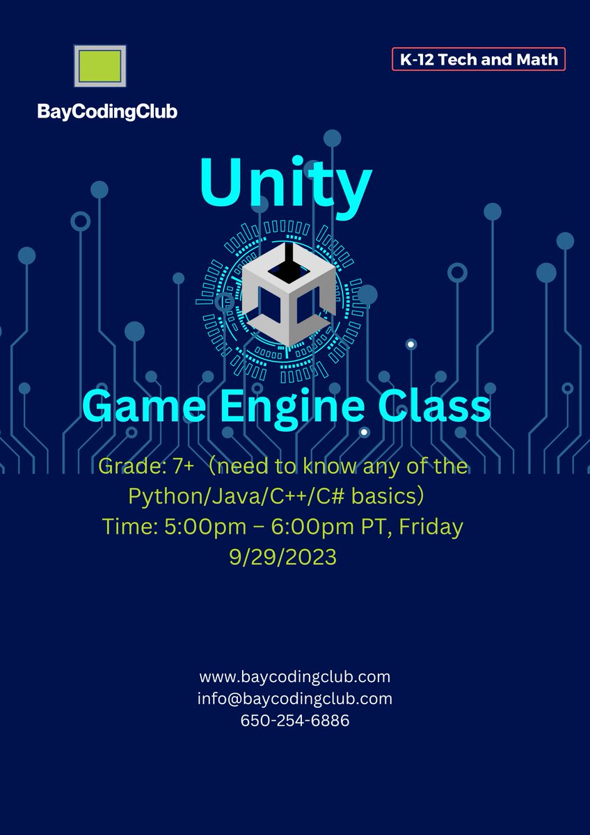 coding_bay's tweet image. 🎮🚀 [ Discover the World of Unity! ]🚀🎮
🕹️Join us on September 29, 2023, from 5:00 PM to 6:00 PM PST, for an epic journey into the realm of Unity game development! 📅🕔
🕹️ sign up: baycodingclub.com
#GameDevelopment #UnityClass #LearnUnity #GameDevJourne