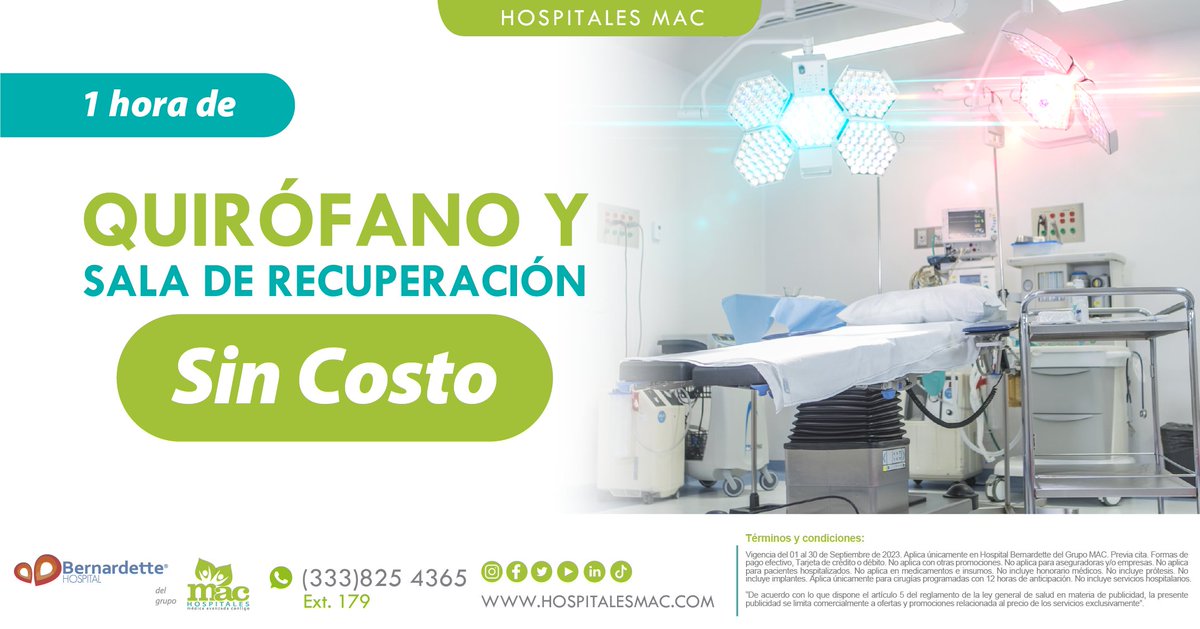 hospitalesmac's tweet photo. #Guadalajara | Durante #septiembre obtén el beneficio de 1 hora #gratis de quirófano y de sala de recuperación. Cotiza hoy tu cirugía y no dejes para después tu salud.
#HospitalMAC #HospitalesMAC https://t.co/YcLNYu9ImI