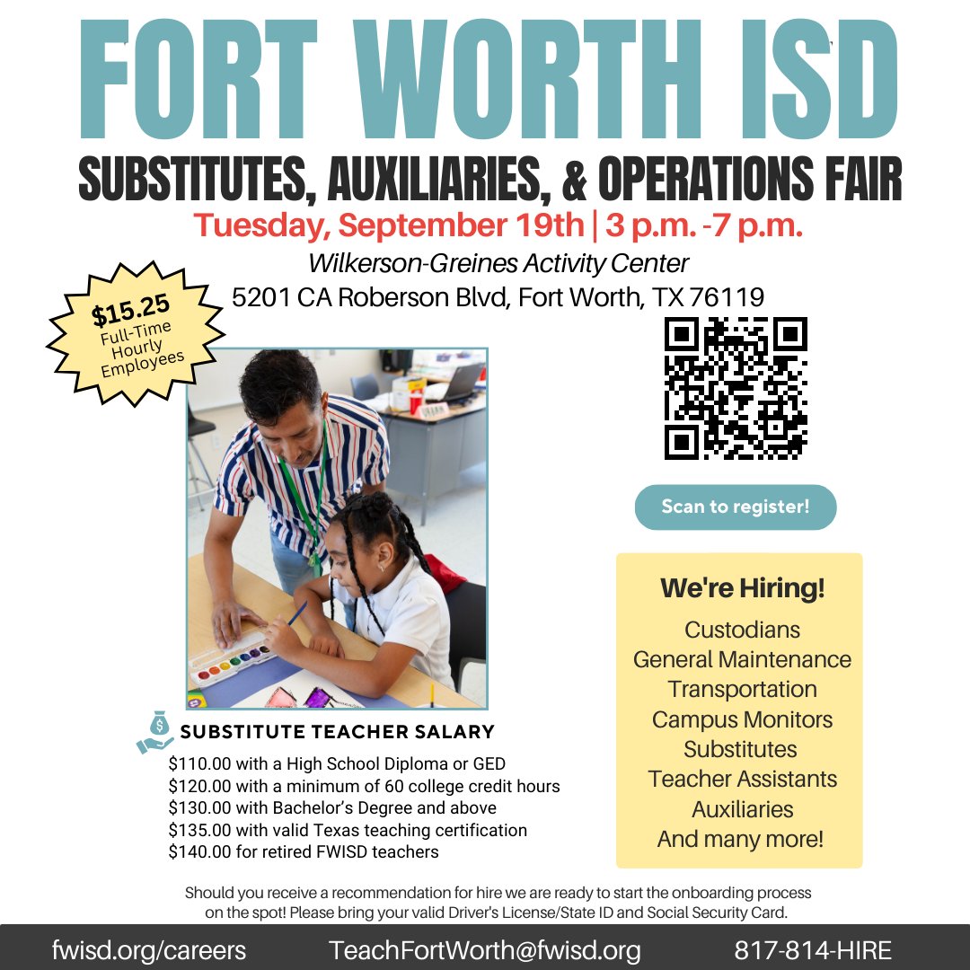 Join us on September 19th for our Substitute, Auxiliary, and Operations Fair! Register now to secure your spot at this fantastic hiring event! Come be a part of #OneFortWorth

⏰ 3 p.m. - 7 p.m. | 📍Wilkerson Greines Activity Center
🔗Register Now at forms.gle/zkBV3ywqakA8cz…
