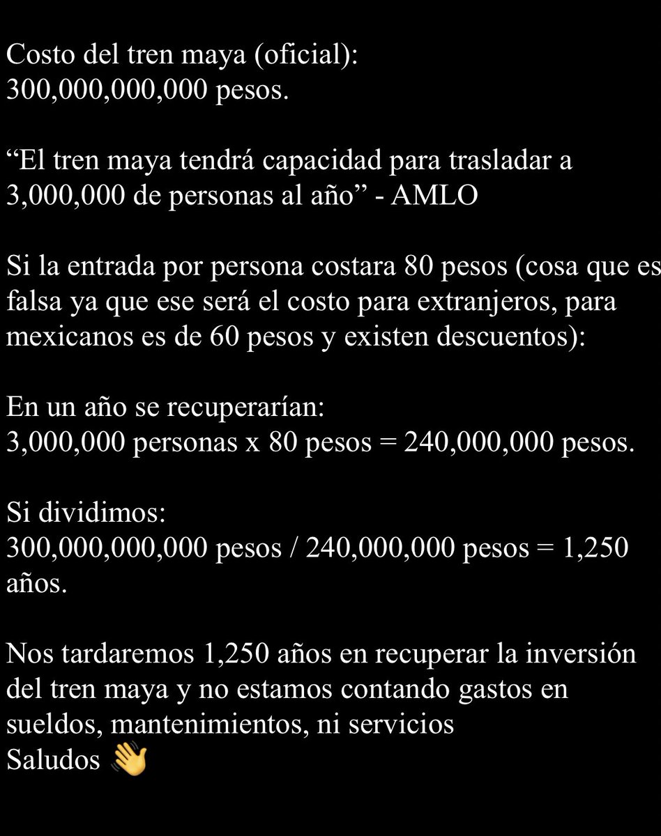 armando3pc69's tweet photo. ¿Cuándo recuperaremos la inversión que se hizo en construir el tren maya?
🚂🐆 #TrenMaya https://t.co/a77UuyUIKP