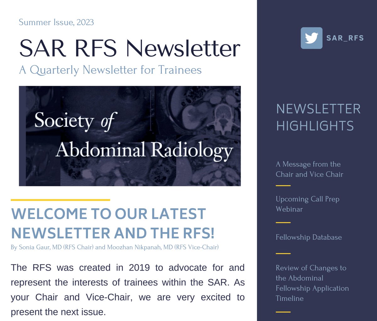 Attention radiology trainees! #FutureRadRes #RadRes #RadFellows We're so excited to share the latest edition of our @SAR_RFS Newsletter, featuring our SAR Call Prep webinar, PDAR Q&A session with Dr. Jess Fried, and many more! Check it out👇
rb.gy/1wmkv