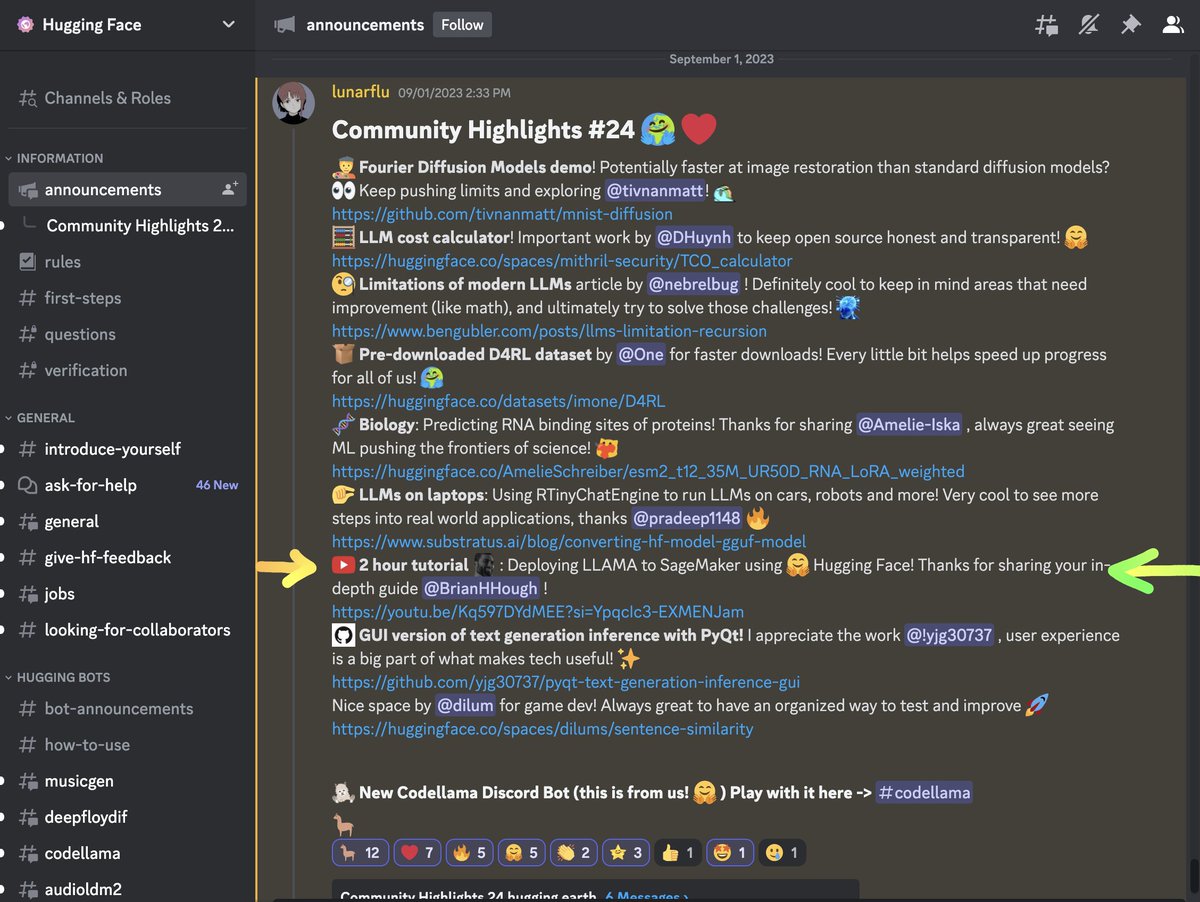 BrianHHough's tweet photo. Excited to see my 2 hour #TechStackPlaybook @YouTube tutorial about Deploying @MetaAI's LLaMA 2 on @awscloud SageMaker w/ @huggingface DLCs featured in HF's Community Highlights! Thank you @lunarflu1! 🤗💻🤩🙌
Also, look at these updates 🔥
What a time to be building in tech! https://t.co/zWBOT5WjbR