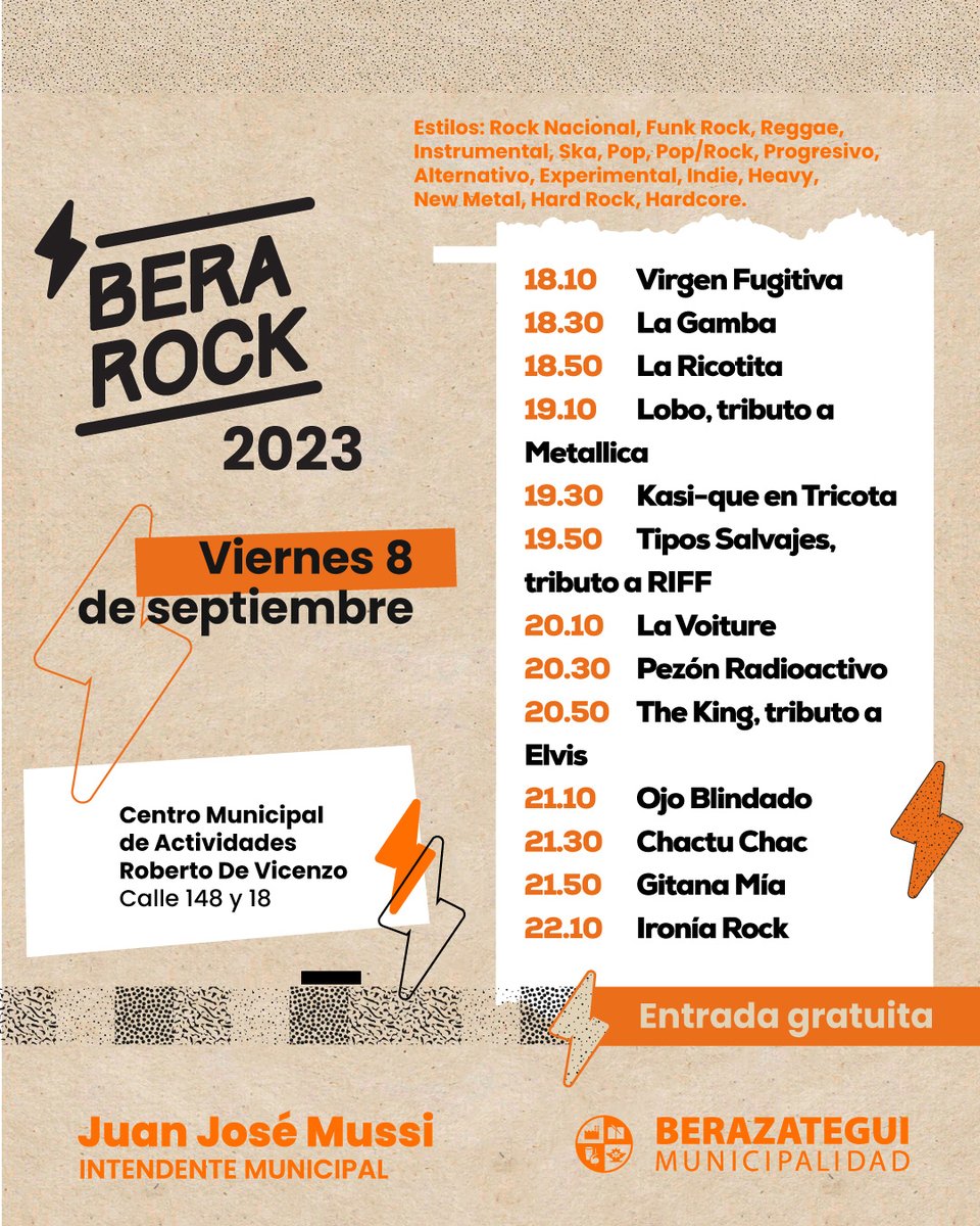 DÍA 3 del Bera Rock 🤘🏻

Te esperamos este viernes a partir de las 14hs para disfrutar de bandas emergentes de nuestra ciudad 🧡

A las 23hs, <a href="/lamississippi/">La Mississippi</a> se sube al escenario con un show increíble de blues rock 🎼

🎟️ Entrada gratuita