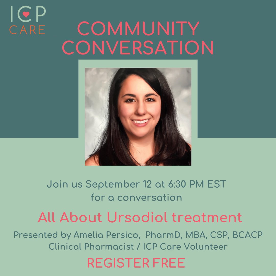 ICPcare's tweet photo. Join us for an ICP Care Community Conversation on September 12! Amelia Persico will present all about Ursodiol treatment
 Register today!  https://t.co/9ZHmyk7OBQ  #intrahepaticcholestasisofpregnancy #cholestasisofpregnancy #icpcare #dontignoretheitch https://t.co/s42pNyalN7