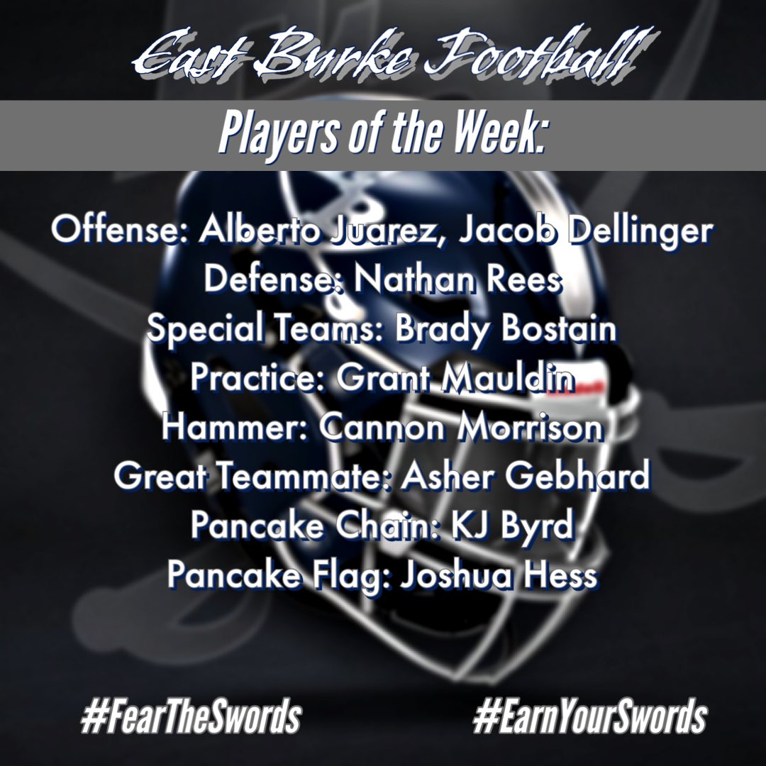 EastBurkeFB's tweet photo. Our Week 3 Players of the Week:
#FearTheSwords #EarnYourSwords https://t.co/ZcYMaz29y7