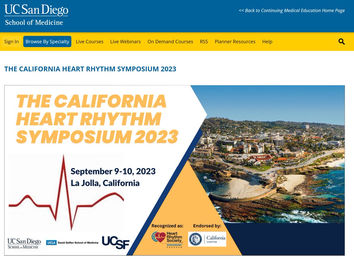 Come join us for the California Heart Rhythm Symposium 2023 this Saturday <a href="/UCSanDiego/">UC San Diego</a> <a href="/UCSDHealth/">UC San Diego Health</a> ! Link here for registration and details: ucsd.cloud-cme.com/course/courseo… #CardioTwitter <a href="/HRSonline/">Heart Rhythm Society</a>
