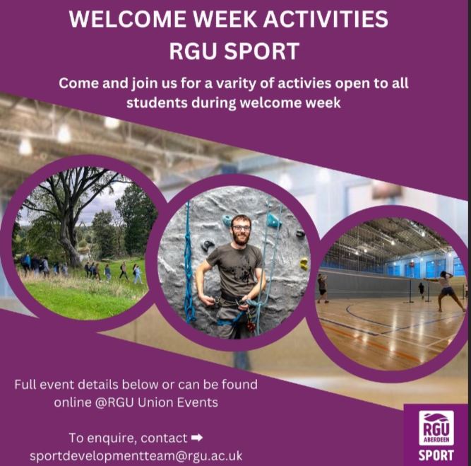 Welcome week is almost here! ✔️Get Involved with all activities we have on next week ✔️All activities available to view via the RGU Union website ✔️If you have any questions ➡️email sportdevelopmentteam@rgu.ac.uk We look forward to seeing you all next week!