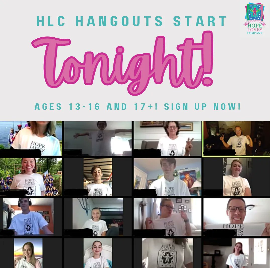 HLC Hangouts are back and they kick off TONIGHT with new age groups, dates, and times! TONIGHT starts the 13-16 and 17+ age groups! To learn more about HLC Hangouts and to register, go to: hopelovescompany.org/virtual-progra… #HLCHangouts #ALSawareness #ALS #alssupportforchildren