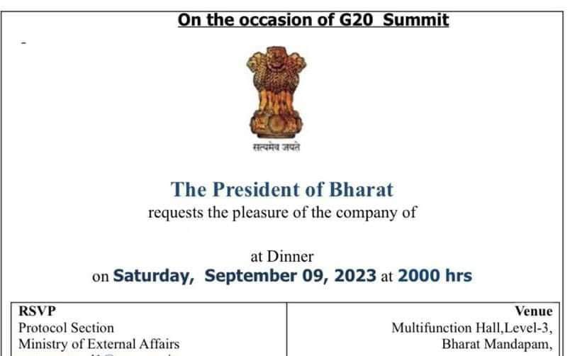 जय भारत...

G20 समिट के दौरान राष्ट्रपति भवन में आयोजित होने वाले रात्रि भोज के निमंत्रण पत्र पर "The President of Bharat" लिखा जाना प्रत्येक देशवासी के लिए गौरव का क्षण है।
