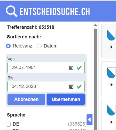 entscheidsuche's tweet photo. Verfeinerte Slider-Funktion bei der Datums-Auswahl: Neu kann in der Suchmaske von https://t.co/hQHWrmihPs auf das Start- oder Enddatum in der Navigation links geklickt werden und es können Daten ausgewählt werden. https://t.co/zyIfpuZ1Xe
