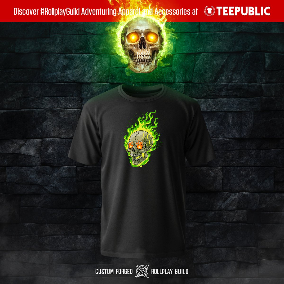 HOT off the press! Rollplay Guild's 'Flameskull' design is ready @TeePublic! tee.pub/lic/Z8fHOC7HUJo

#rollplayguild #TTRPGRising #TTRGPcommunity #TTRPGsolidarity #TTRPG #RPG #roleplaygame #dungeonmaster #criticalrole #dnd #dnd5E #dndart #dungeonsanddragons #dungeonsanddragons5e