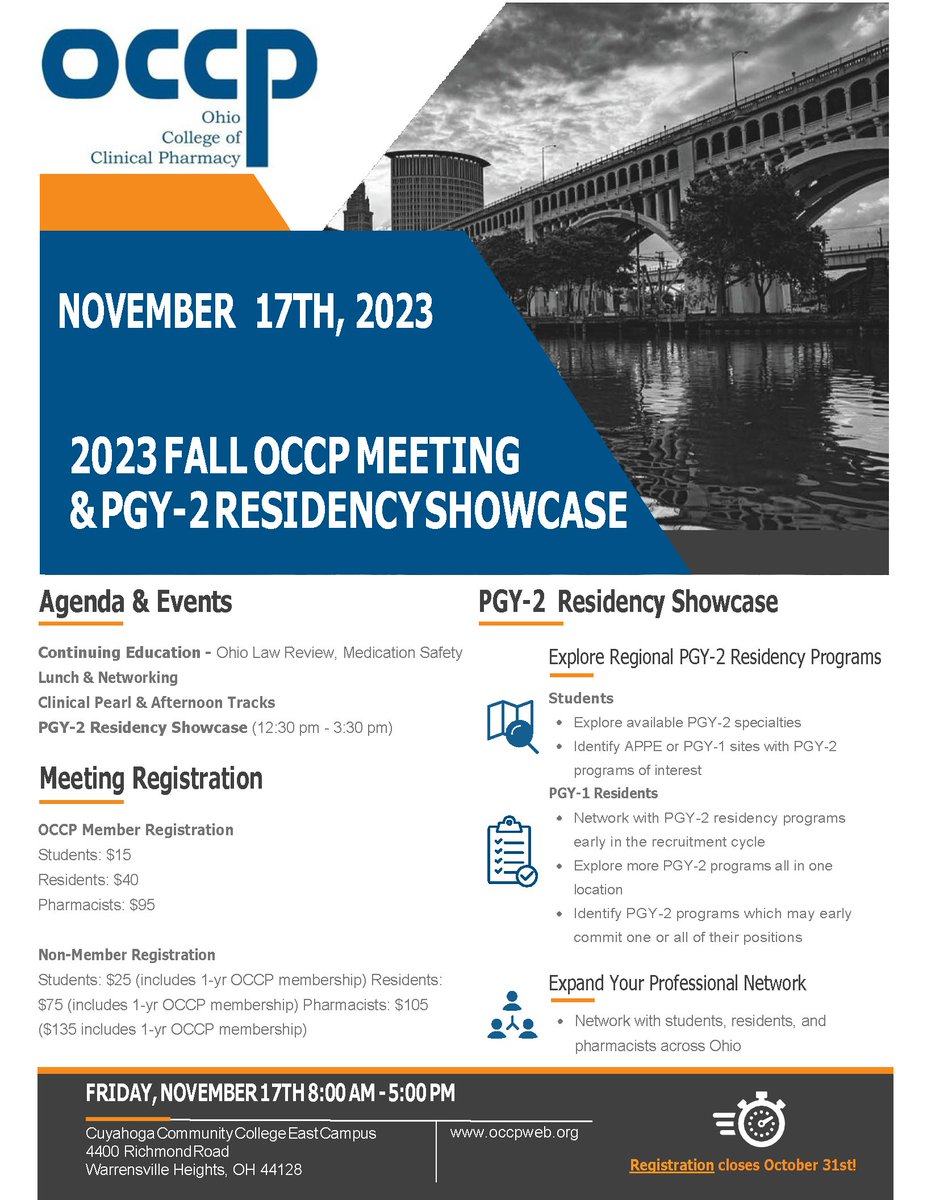 Register today for the 2023 Fall OCCP Meeting on Friday, Nov 17th! Meeting includes Ohio Law Review CE by Dr. Donnie Sullivan, clinical pearls, afternoon tracks for preceptors &amp; trainees, and a PGY-2 residency showcase! Visit occpweb.org to learn more and register!