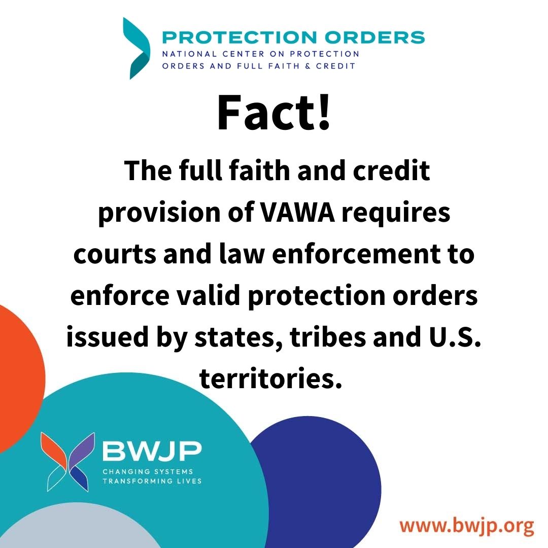 #TriviaTuesday Whether it's within their jurisdiction or not, law enforcement and courts are bound by the full faith and credit provision of VAWA to honor protection orders. Find more information here: bwjp.org/assets/documen… #VAWA #ProtectionOrders #EndViolence