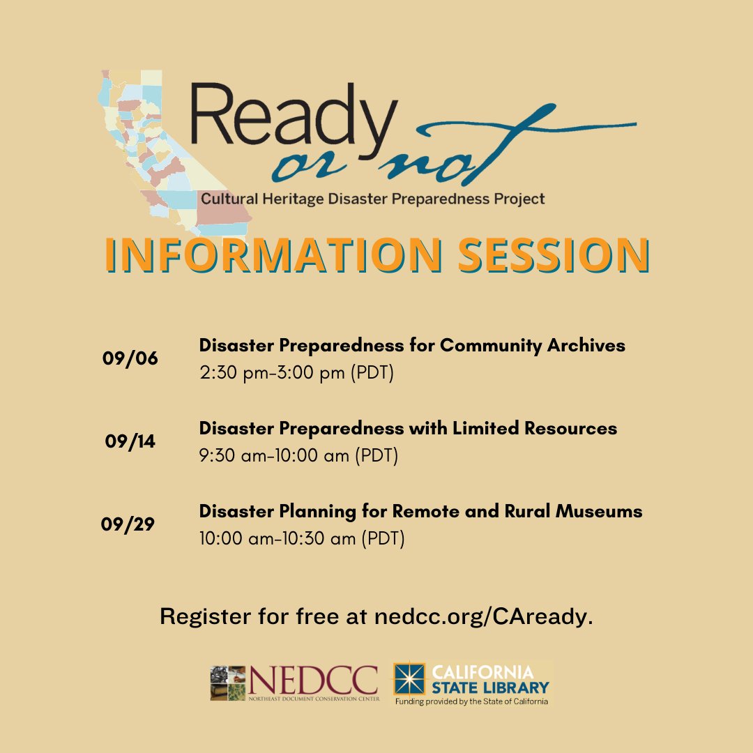 NEDCCInfo's tweet image. The #ReadyOrNotCA: #CulturalHeritage #DisasterPreparedness Project conducts free site visits for California orgs stewarding cultural resources. Each org receives recommendations for mitigating risks. Tune in for the upcoming info sessions at nedcc.org/CAready.