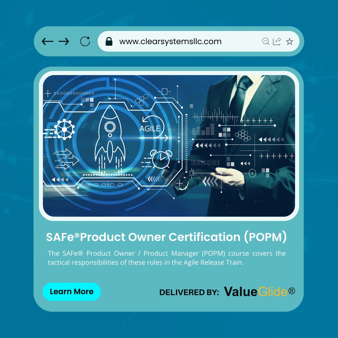 ClearSystemsLLC's tweet photo. Clear Systems is bringing you one of our newest online courses that will elevate your skills and drive innovation as a certified Product Owner. Mastering the art of value-driven leadership with SAFe® Product Owner certification! 🌟📚 https://t.co/XGmZDaMTqm