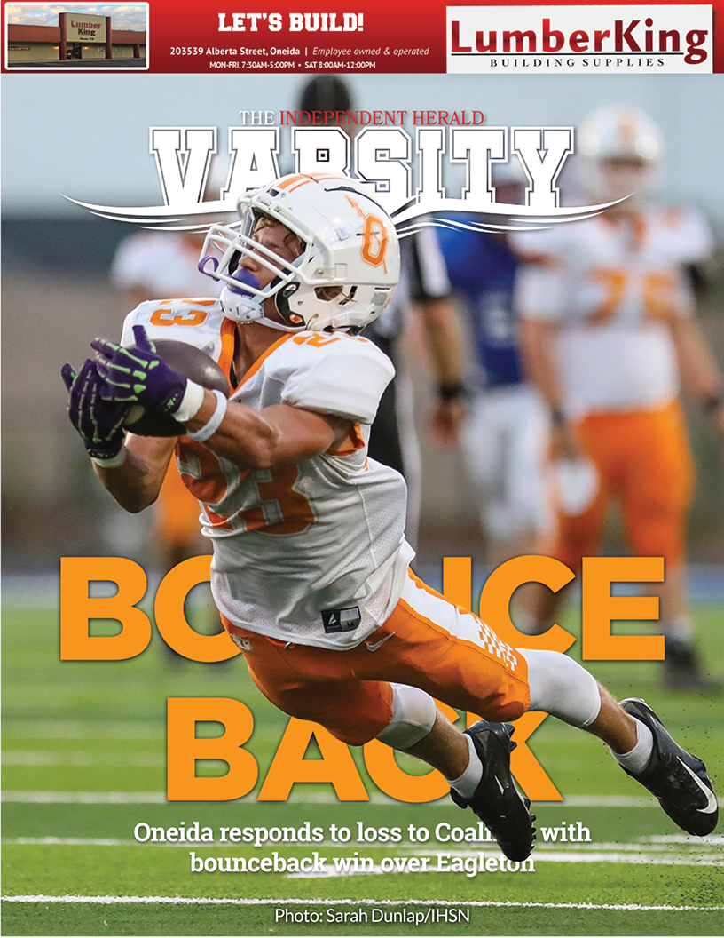 This week's Lumber King sports front features Landon Limburg's diving catch in Oneida's win over Eagleton. Read this week's entire E-Edition, including 14 pages of sports coverage, at indherald.com/e-edition.