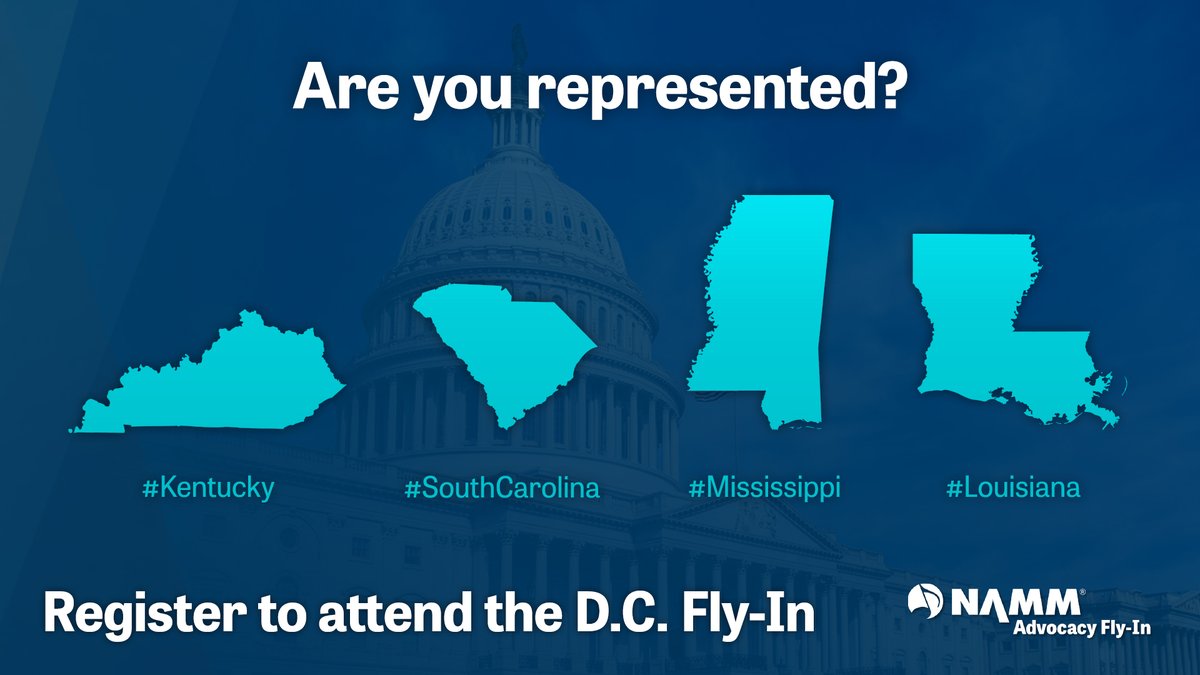 Are you represented? NAMM members from #Kentucky, #SouthCarolina, #Mississippi, and #Louisiana are encouraged to be on the 2023 advocacy team that is returning to D.C. this November. Be a champion for music education. Register today: namm.org/issues-and-adv…