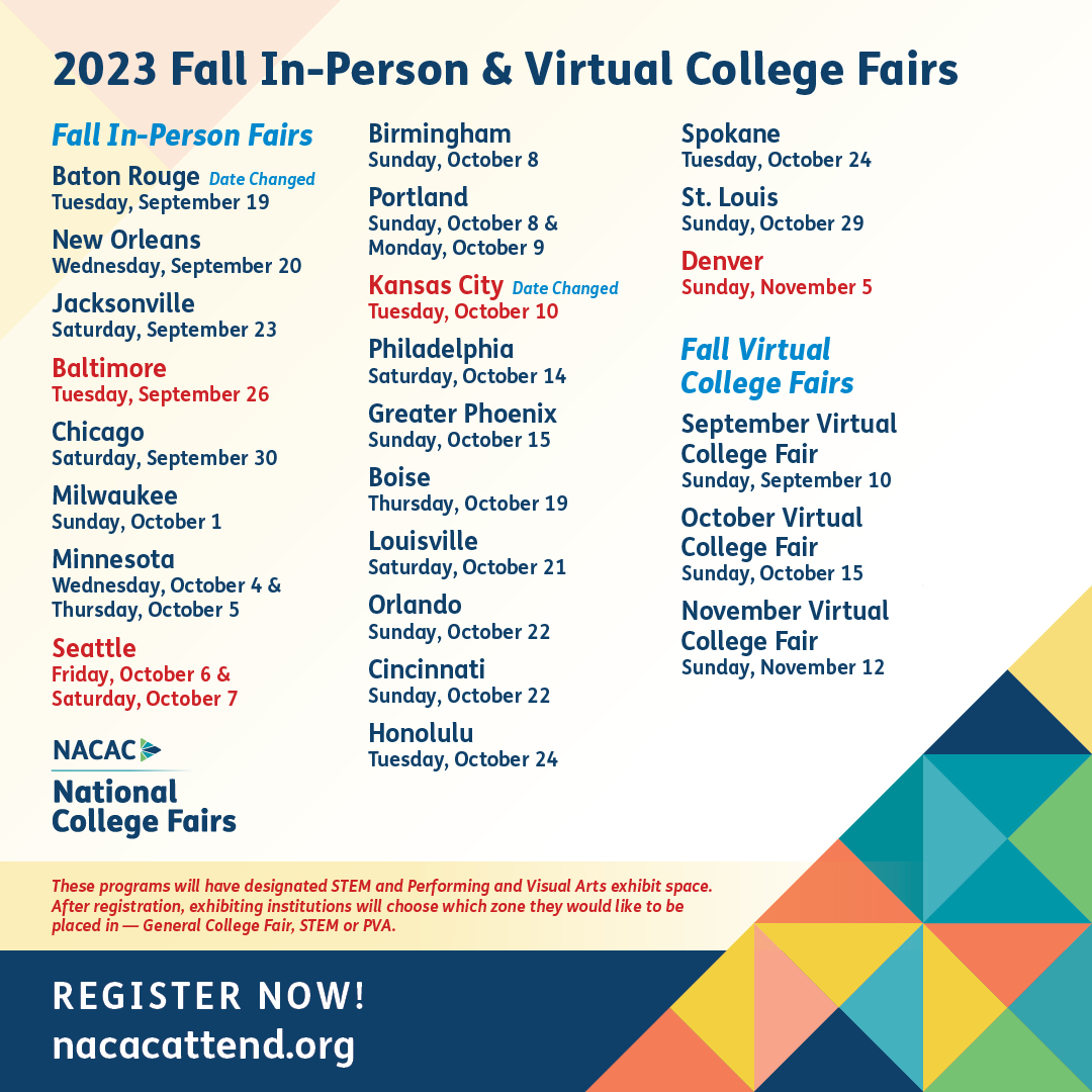 Reminder: Fall College Fair season begins this month! Join us in person or virtually!
Attendee registration: nacacattend.org
Exhibitor registration: nacacnet.org/exhibit

#NACAC #collegefairs #collegeadmissions #college