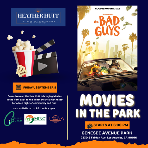 LACityParks's tweet photo. Looking for fun for the whole family this weekend?! Look no further! This Friday night, September 8th, at 6:00pm, Heather Hutt is hosting Movies in the Park at Genesee Avenue Park! 🎬🍿🌳
This Friday's movie will be The Bad Guys! 🐍
#laparks #parkproudla #everythingunderthesun https://t.co/89qsc7asAG