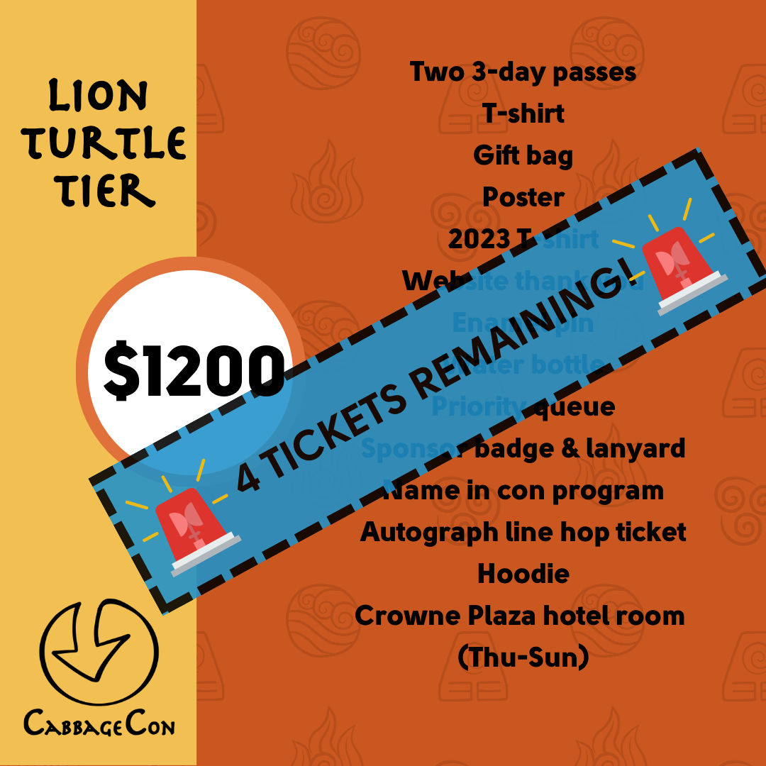 AvatarFanCon's tweet photo. WHOA! There are only 4 tickets remaining in our highest tier!! You don't want to miss your chance to get the best deal of the #AvatarFanCon! 🎟️✨ Get yours at https://t.co/DeXnOnZmCW
.
.
.
#LionTurtle #CabbageCon #CabbageConvention #AvatarTheLastAirbender #AvatarLegendOfKorra https://t.co/mwhBKhChRY