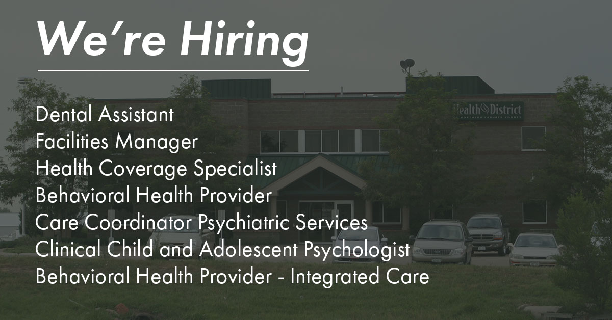 We're hiring: 

Dental Assistant
Facilities Manager
Health Coverage Specialist
Behavioral Health Provider
Care Coordinator Psychiatric Services
Clinical Child and Adolescent Psychologist
Behavioral Health Provider - Integrated Care

healthdistrict.org/careers