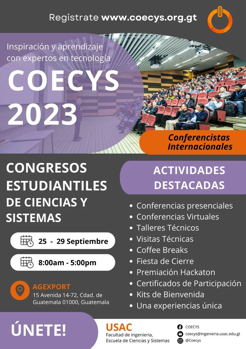 coecys's tweet image. COECYS es un evento anual ,contará con una serie de charlas y talleres impartidos por expertos en el campo, se llevará a cabo del 25 al 29 de septiembre de 2023 en Guatemala ¡no te pierdas este evento!   buff.ly/3R2LatQ 🚀👨💻👩💻 #Coecys #Usac #Tecnologia #Ingenieria
