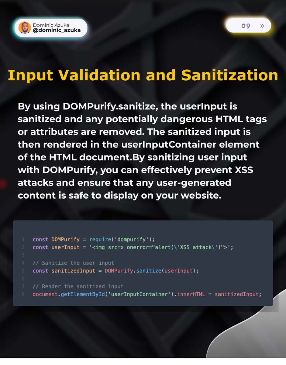 dominic_azuka's tweet image. Input Validation &amp; Sanitization: Guard your app against malicious input with input validation and sanitization. #webdev #coding #inputvalidation #sanitization