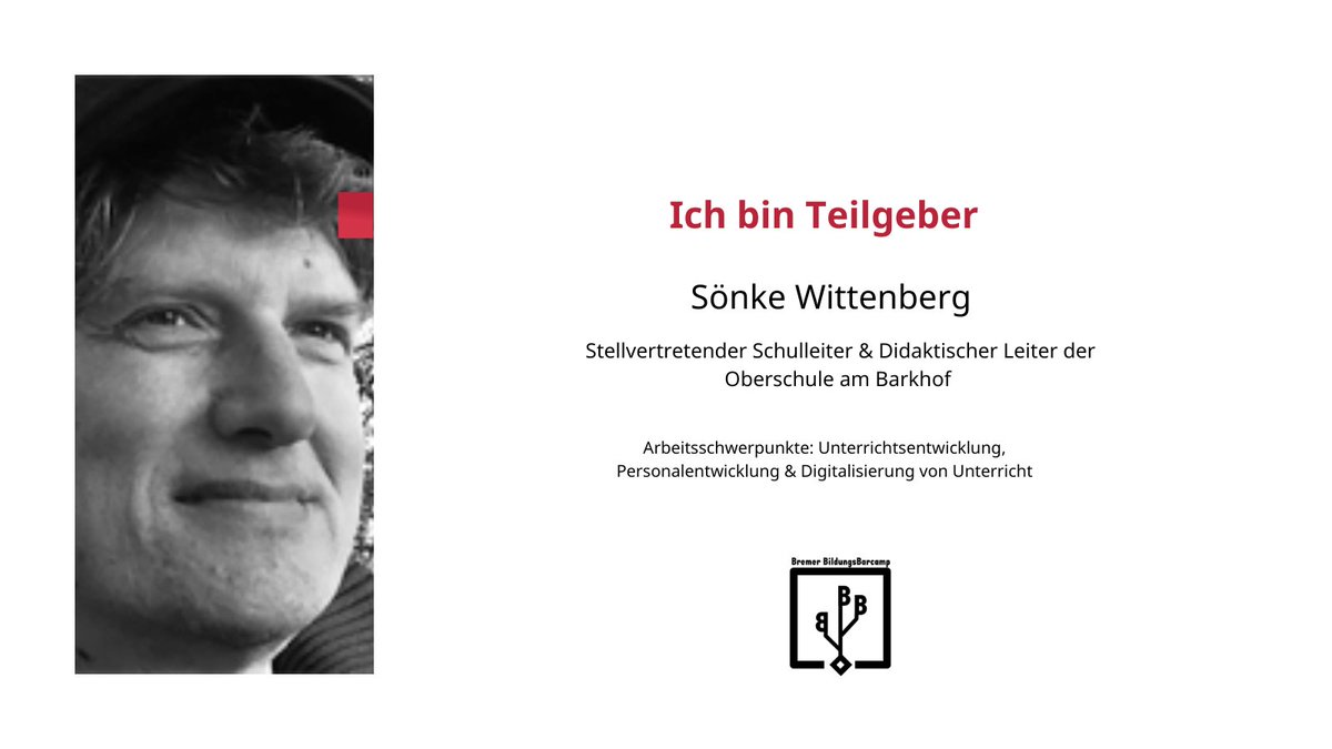 Wir stellen uns vor!

#SönkeWittenberg ist im Orga-Team des #BremerBildungsbarcamps. Er ist stellvertretender Schulleiter &amp; didaktischer Leiter. 

22.09.2023 ➡️ nächste #Bildungsbarcamp 
barcamp.schule.bremen.de