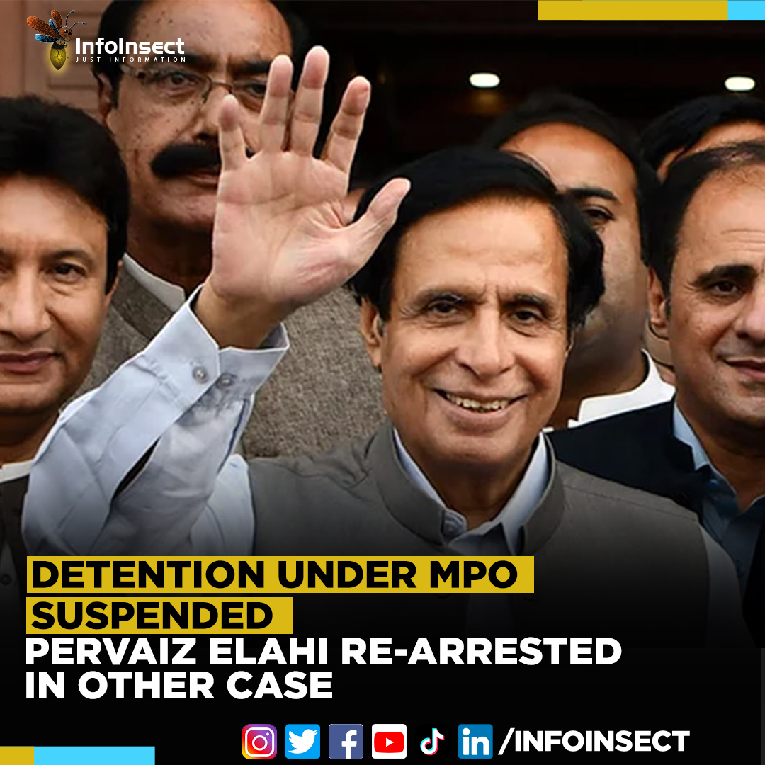 InfoInsect's tweet photo. Pervaiz Elahi has been rearrested for the 11th time after being released by the courts. Today, the IHC suspended the detention order of Pervaiz Elahi under MPO 3, but the police re-arrested him in connection with the FIR registered at the CTD Police Station.
#HareemShah #Rupee https://t.co/NSgxXQiKV8