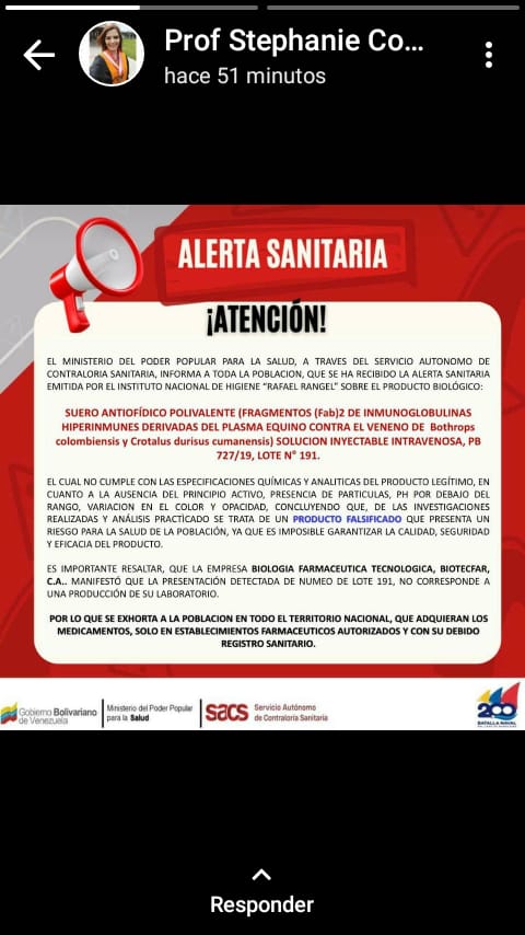 biotecfarffucv's tweet photo. 🚨🚧Alertamos a toda la comunidad🚧🚨 sobre falsificación de Suero Antiofidico Polivalente. Número de lote 191 no corresponde a una producción de nuestro laboratorio. Ver comunicado anexo, correspondiente al SACS.

Difundir #AlertaSanitaria #SueroAnriofidicoFalsificado #Lote191 https://t.co/qyXgN0m54f