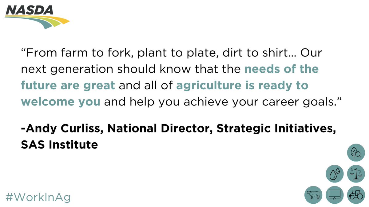 NASDAnews's tweet image. NASDA Partner @SASInstitute joined us in celebrating careers in agriculture. Meet Andy Curliss, SAS Institute’s National Director of Strategic Initiatives, and learn why he is proud to #WorkInAg. Read more at nasda.org/workinag/.