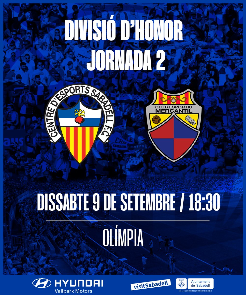 💙 [Juvenil A] 🤍

😍 𝐄𝐥 𝐩𝐫𝐢𝐦𝐞𝐫 𝐚 𝐃𝐢𝐯𝐢𝐬𝐢𝐨́ 𝐝'𝐇𝐨𝐧𝐨𝐫 𝐉𝐮𝐯𝐞𝐧𝐢𝐥

🏆 Divisió d'Honor | J2

🆚 <a href="/CEMercantil/">C.E. Mercantil</a>
🔜 Dissabte 9 de setembre
⏰ 18:30 h
🏟 Olímpia
📺 Twitch <a href="/RadioSabadell/">RàdioSabadell</a>

💪🏻 Tots amb el Juvenil, Arlequinats! 🔥

#FutBaseCES | #EscollimElSabadell