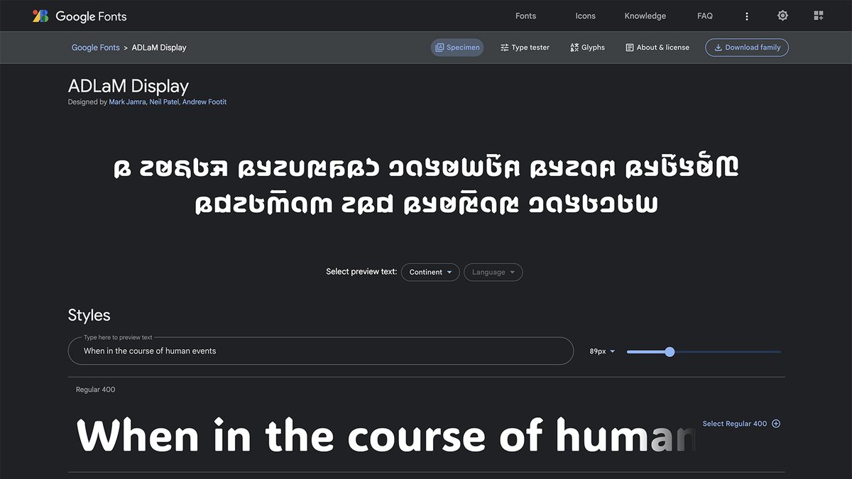 ADLaM Display, the font we designed with <a href="/andrew_footit/">Andrew Footit</a> for <a href="/Microsoft/">Microsoft</a>, is available now <a href="/googlefonts/">Google Fonts</a>. Its ADLaM and Latin complements have quickly become popular in the Fulani community in West Africa.

fonts.google.com/specimen/ADLaM…