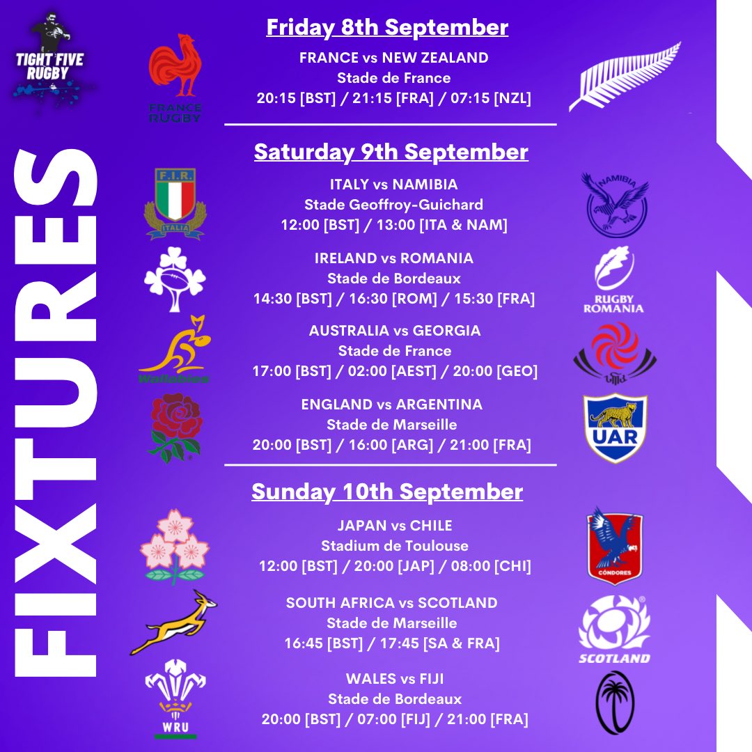 TightFive_Rugby's tweet photo. 📋 𝗪𝗢𝗥𝗟𝗗 𝗖𝗨𝗣 𝗙𝗜𝗫𝗧𝗨𝗥𝗘𝗦 📋 

Three. More. Days. 

A reminder of the fixtures for the opening weekend of the World Cup ⬇️

It feels like Christmas. 

#RWC2023 https://t.co/U7jr0B72j1