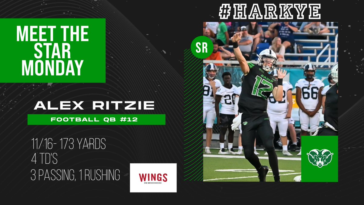 Meet the Star..... TUESDAY

Sr. QB Alex Ritzie

Sponsored by Wings on Brookwood

#HarkYe 🐏