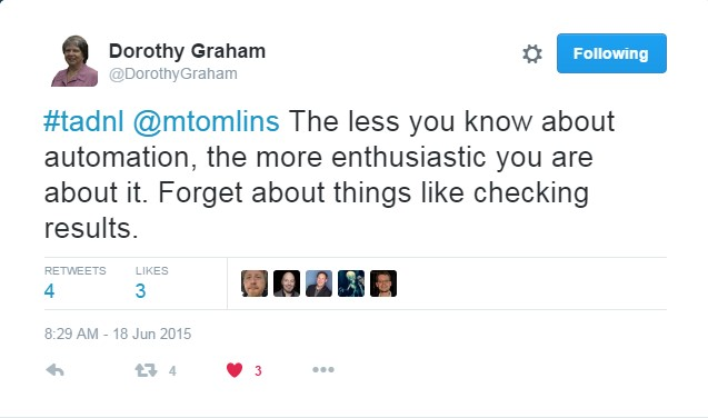 pgrizzaffi's tweet photo. #Automation for #SoftwareTesting sounds fun. "Let's make the app do stuff". For #GUI, it's cool to watch. BUT, there's less-fun work, too. The diagrams, the approvals, the politics. Just be prepared.

That first sentence from @DorothyGraham speaks volumes. https://t.co/SoyGMGrGe9