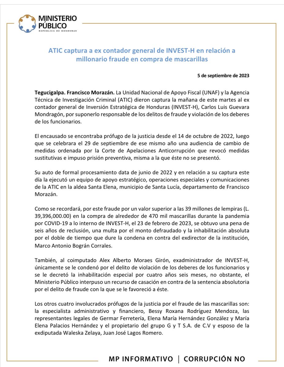 CampusTvhn's tweet photo. La UNAF y la ATIC arrestaron hoy al excontador general de INVEST-H, Carlos Luis Guevara Mondragón, por supuestos delitos de fraude y violación de deberes de funcionario. 🇭🇳
#CampusTV #Noticias #Detención #InvestH #Fraude https://t.co/35CtXPsybI