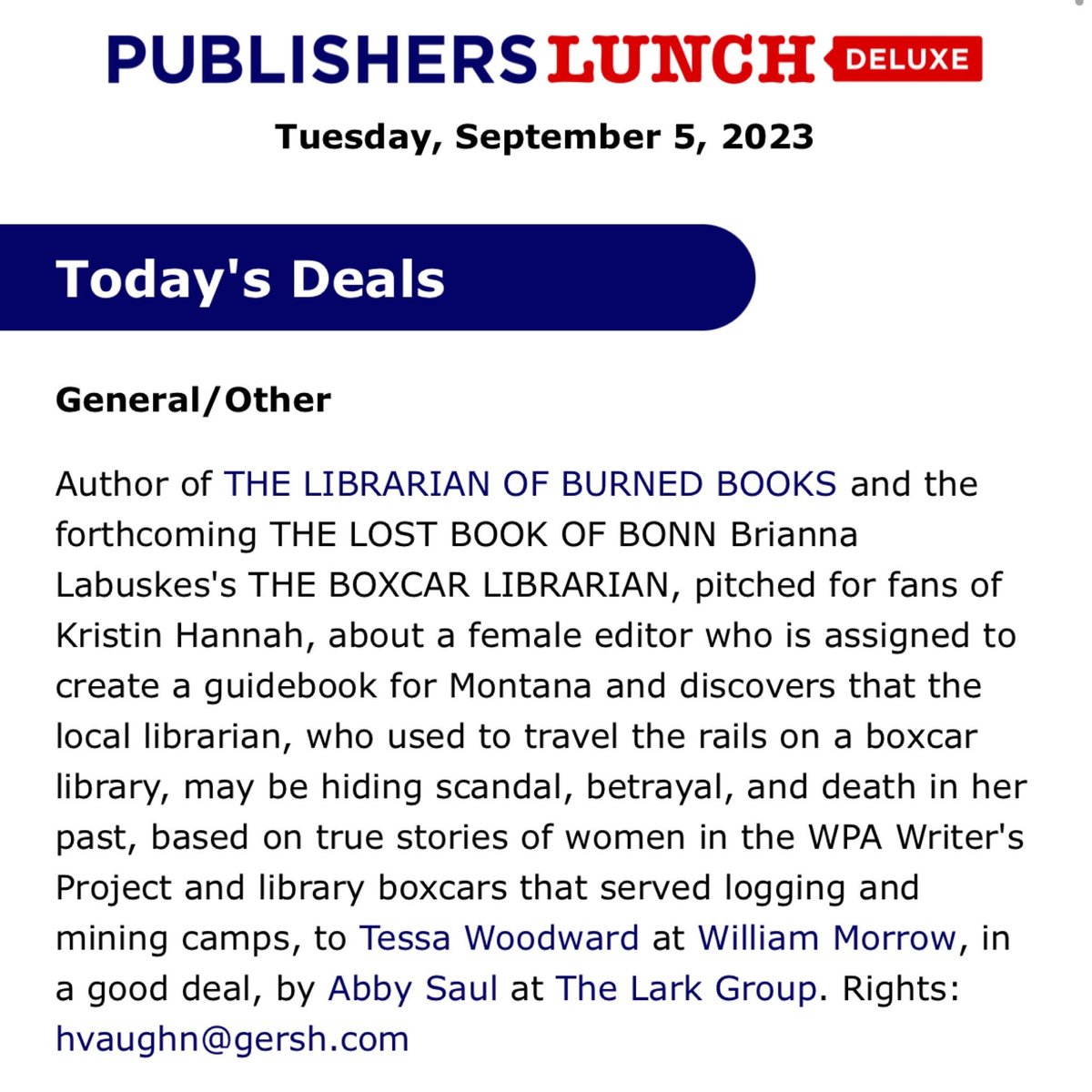 HUGE DAY for two authors I adore HUGELY. Congrats to @meredithambrock on her deal with @ecwpress and to @brilabuskes on her deal with @WmMorrowBooks!